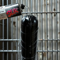A huge black baseball bat wrapped in clear plastic, sitting upright in a prison cell