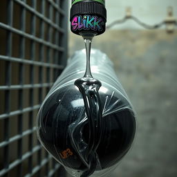 A huge black baseball bat wrapped in clear plastic, sitting upright in a prison cell