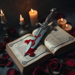 An evocative still life arrangement featuring a bloodied dagger resting atop an ancient, open spellbook