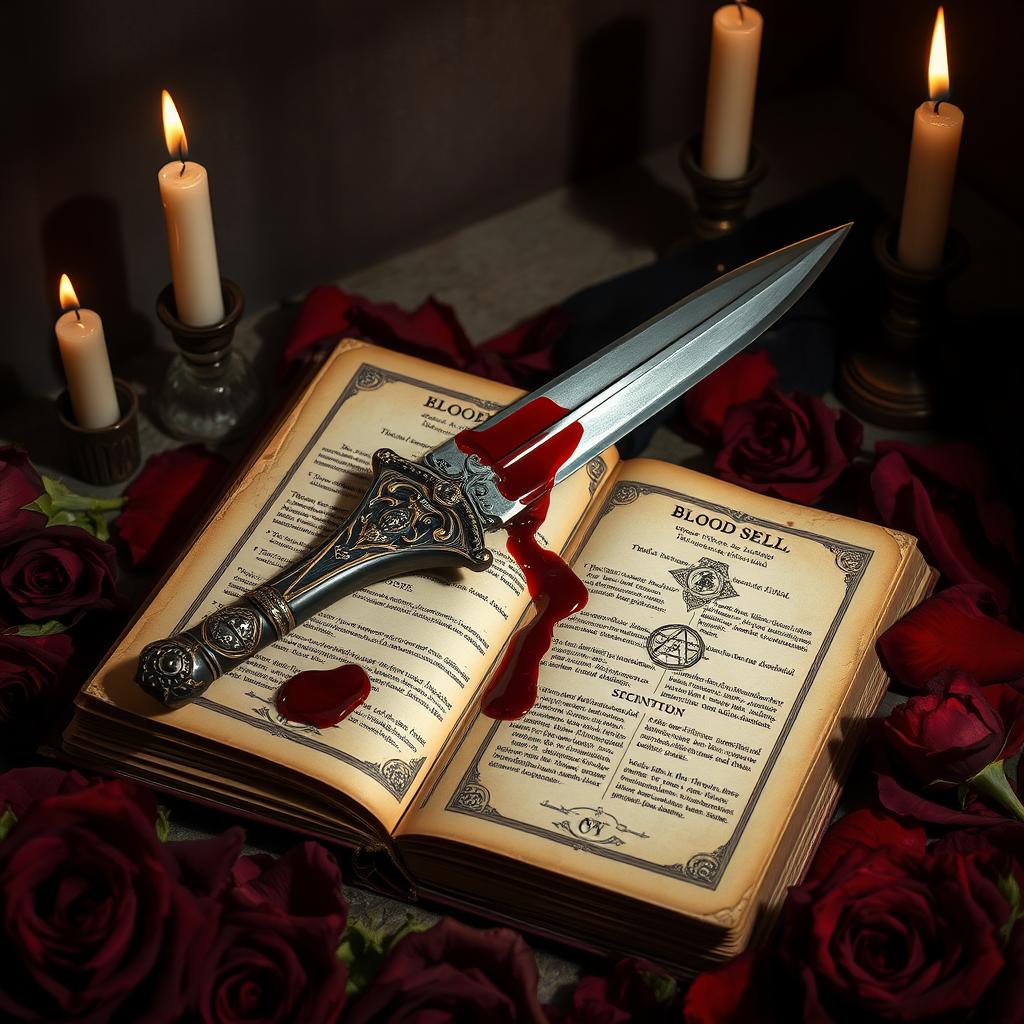 An evocative still life arrangement featuring a bloodied dagger resting atop an ancient, open spellbook