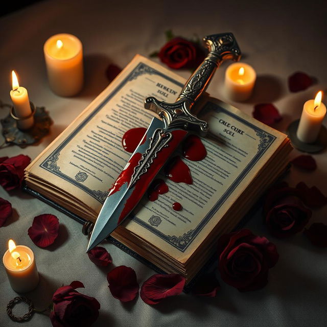 An evocative still life arrangement featuring a bloodied dagger resting atop an ancient, open spellbook