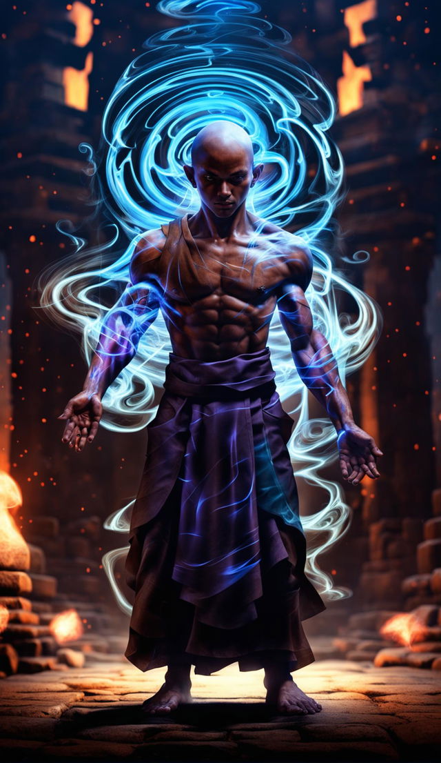 HD fantasy art portrait of an intense monk wielding vibrant magic against an ancient temple backdrop.