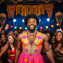 A lively and humorous scene from a dramedy featuring a black man dressed as a woman, presenting a confident and playful demeanor with no beard