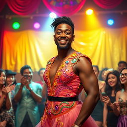 A lively and humorous scene from a dramedy featuring a black man dressed as a woman, presenting a confident and playful demeanor with no beard