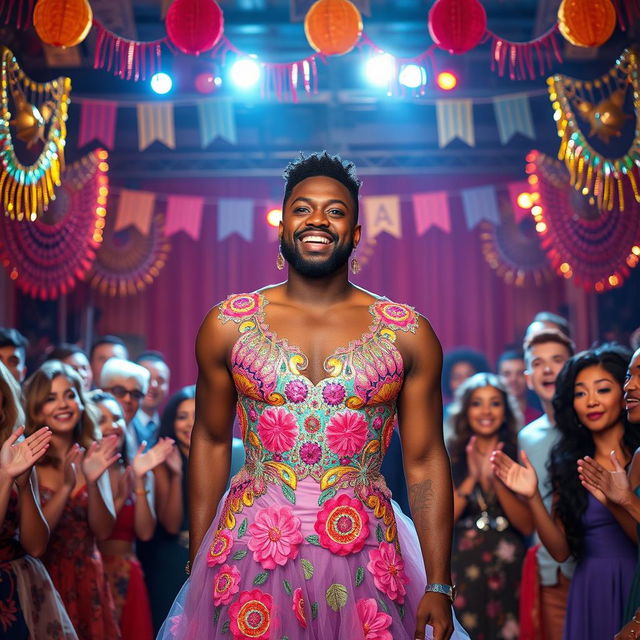 A lively and humorous scene from a dramedy featuring a black man dressed as a woman, presenting a confident and playful demeanor with no beard