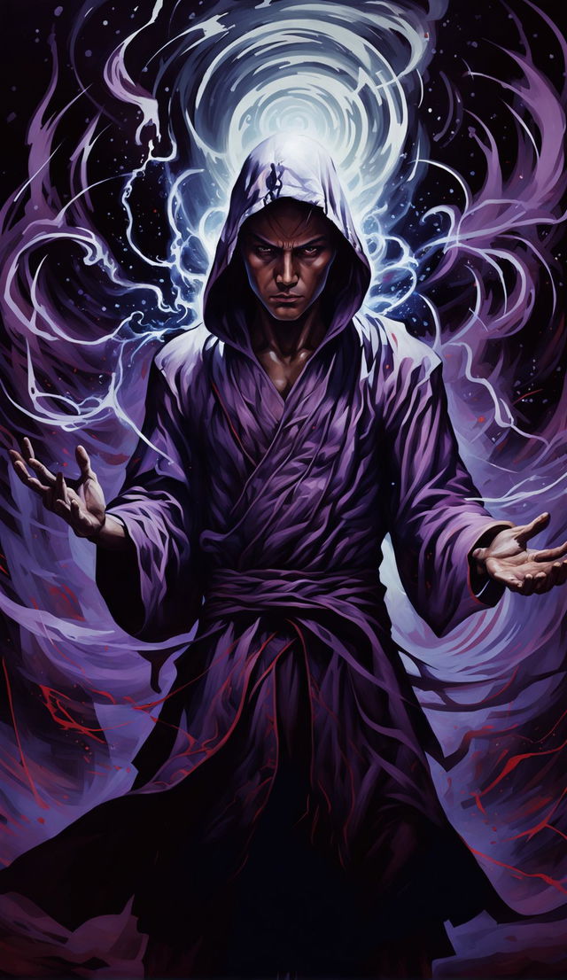 HD fantasy art portrait of an intense monk in traditional attire wielding dark magic against an indistinct background.