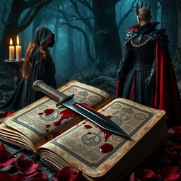 A captivating composition featuring a bloodied dagger placed atop an ancient, open spellbook, with dark red blood trailing onto the pages