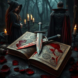 A captivating composition featuring a bloodied dagger placed atop an ancient, open spellbook, with dark red blood trailing onto the pages