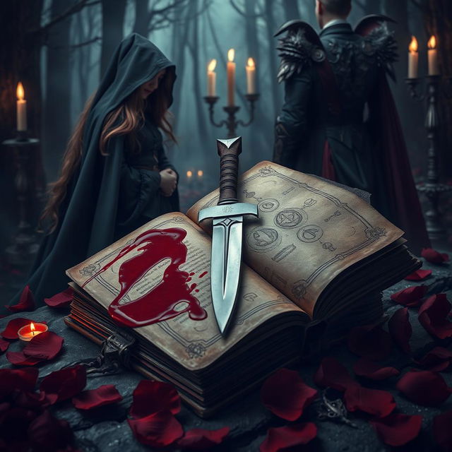 A captivating composition featuring a bloodied dagger placed atop an ancient, open spellbook, with dark red blood trailing onto the pages