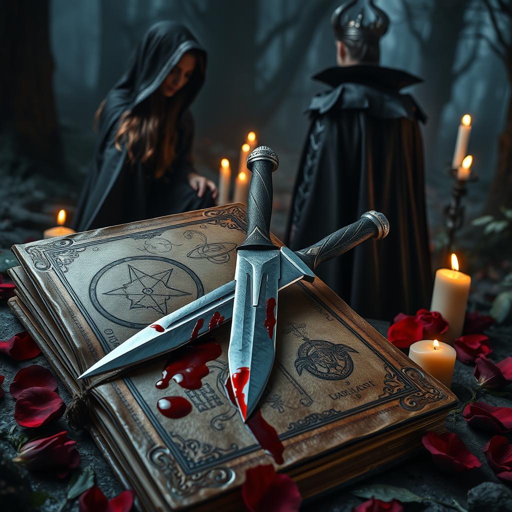 A captivating composition featuring a bloodied dagger placed atop an ancient, open spellbook, with dark red blood trailing onto the pages