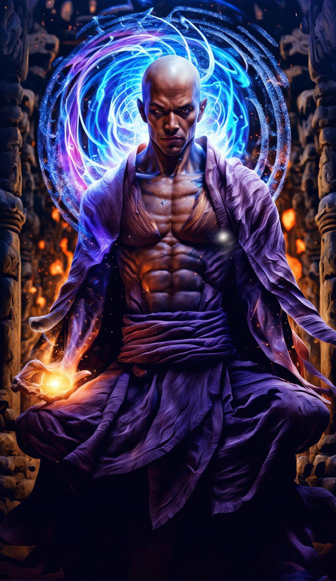 Ultra HD fantasy art portrait of a fierce monk wielding a dazzling magic vortex, set against an intricately detailed ancient temple under dramatic lighting.