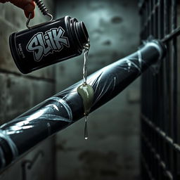 A huge black baseball bat wrapped in transparent plastic, with clear lubricant pouring from a black container featuring a graffiti logo reading "SLiKK"
