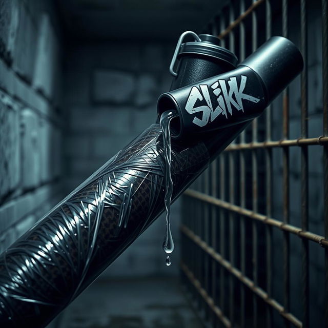 A huge black baseball bat wrapped in transparent plastic, with clear lubricant pouring from a black container featuring a graffiti logo reading "SLiKK"