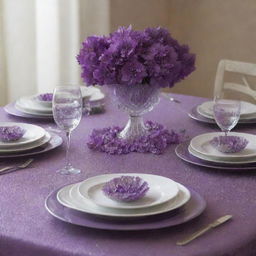 A elegantly set table adorned with an array of purple flowers, and sprinkled with sparkling glitter to create a festive atmosphere.