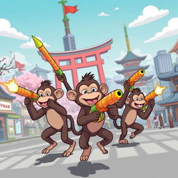 A whimsical and playful scene depicting a group of mischievous monkeys taking over a vibrant, cartoonish version of Japan
