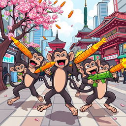 A whimsical and playful scene depicting a group of mischievous monkeys taking over a vibrant, cartoonish version of Japan