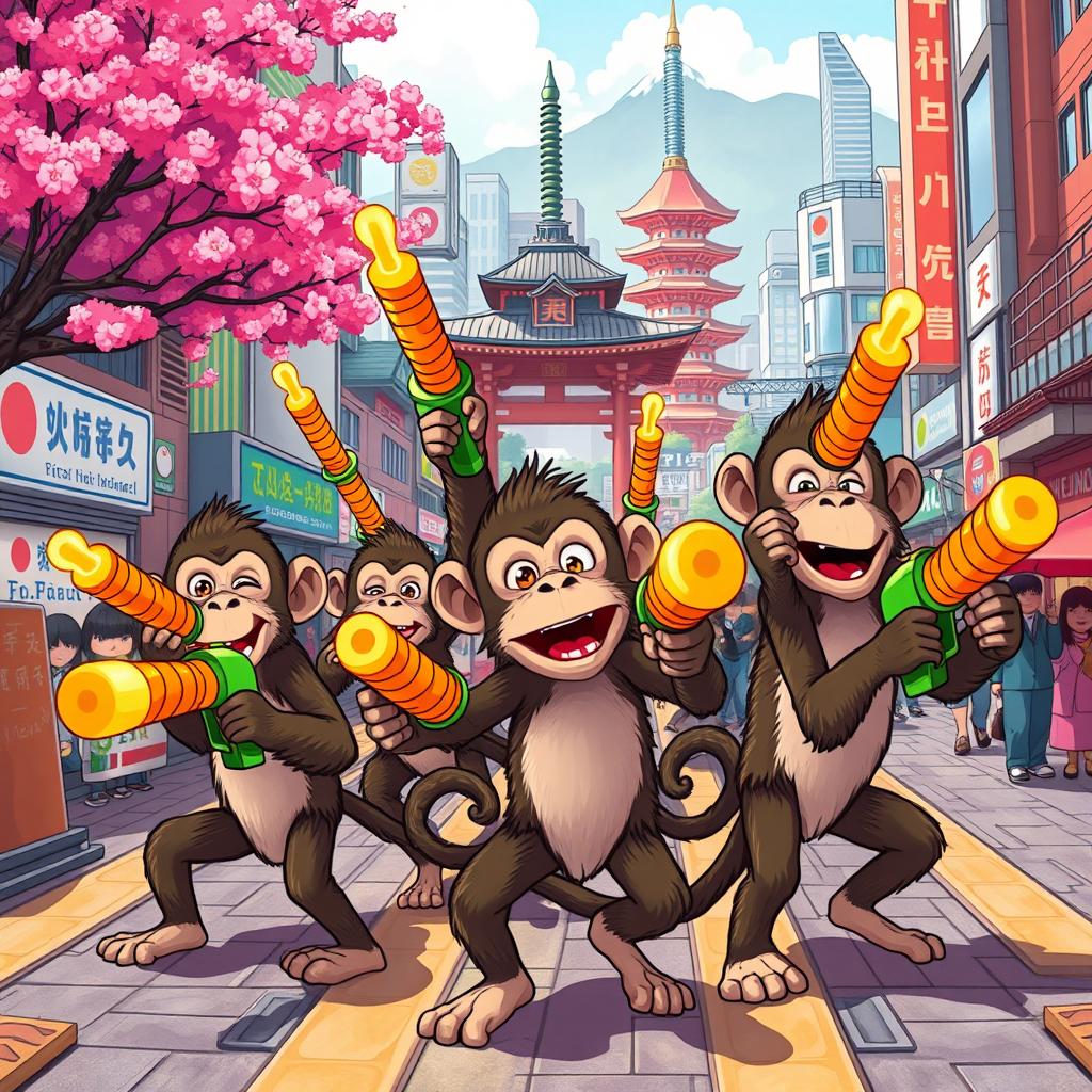 A whimsical and playful scene depicting a group of mischievous monkeys taking over a vibrant, cartoonish version of Japan