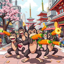 A whimsical and playful scene depicting a group of mischievous monkeys taking over a vibrant, cartoonish version of Japan