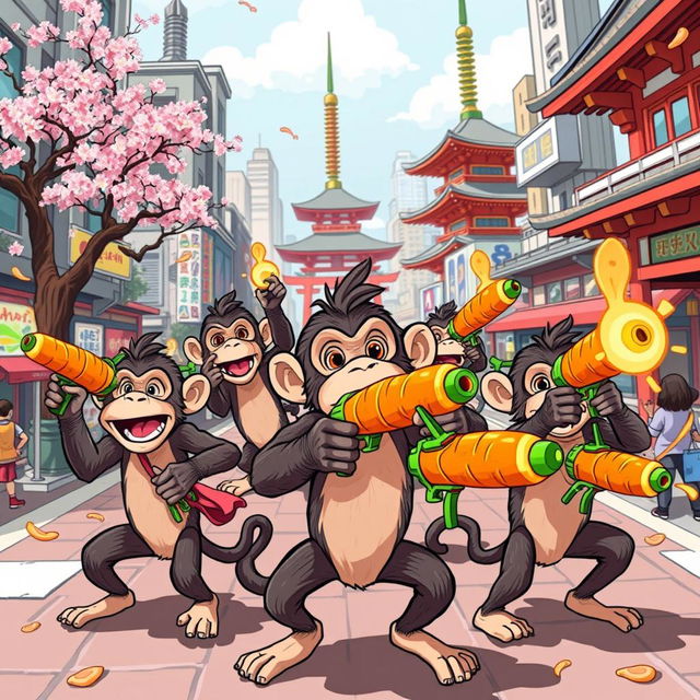 A whimsical and playful scene depicting a group of mischievous monkeys taking over a vibrant, cartoonish version of Japan