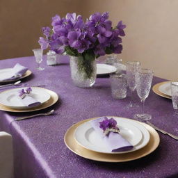 A elegantly set table adorned with an array of purple flowers, and sprinkled with sparkling glitter to create a festive atmosphere.