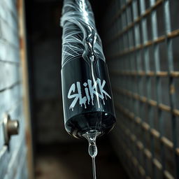 Close-up shot of a HUGE black baseball bat wrapped in clear plastic, with clear oil flowing from a black lube container featuring an edgy "SLiKK" graffiti logo