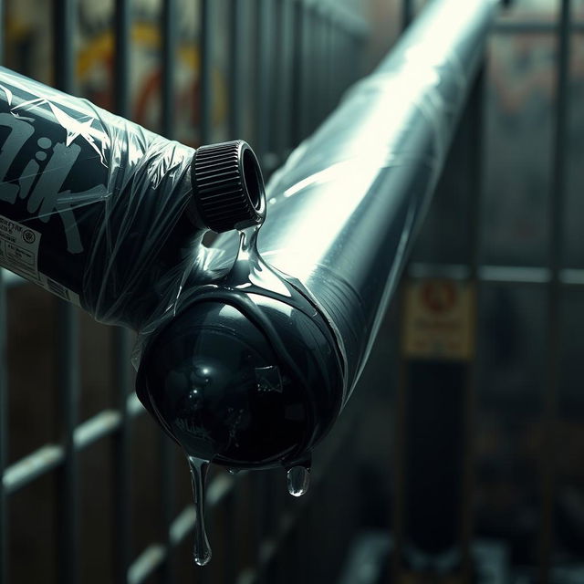 Close-up shot of a HUGE black baseball bat wrapped in clear plastic, with clear oil flowing from a black lube container featuring an edgy "SLiKK" graffiti logo