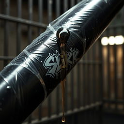 Close-up shot of a HUGE black baseball bat wrapped in clear plastic, with clear oil flowing from a black lube container featuring an edgy "SLiKK" graffiti logo