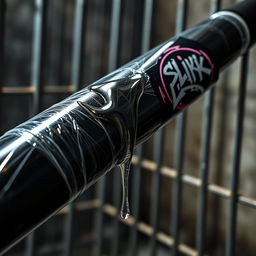 Close-up shot of a HUGE black baseball bat wrapped in clear plastic, with clear oil flowing from a black lube container featuring an edgy "SLiKK" graffiti logo