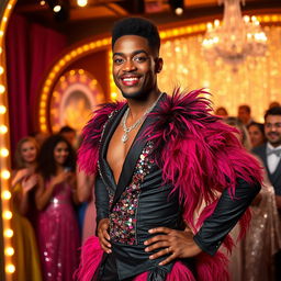 A lively scene from a dramedy featuring a black man dressed as a woman, showcasing a flawless face full of makeup, including perfectly sculpted brows, radiant skin, and bold lipstick