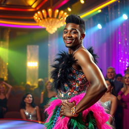 A lively scene from a dramedy featuring a black man dressed as a woman, showcasing a flawless face full of makeup, including perfectly sculpted brows, radiant skin, and bold lipstick