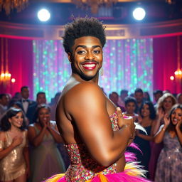 A lively scene from a dramedy featuring a black man dressed as a woman, showcasing a flawless face full of makeup, including perfectly sculpted brows, radiant skin, and bold lipstick
