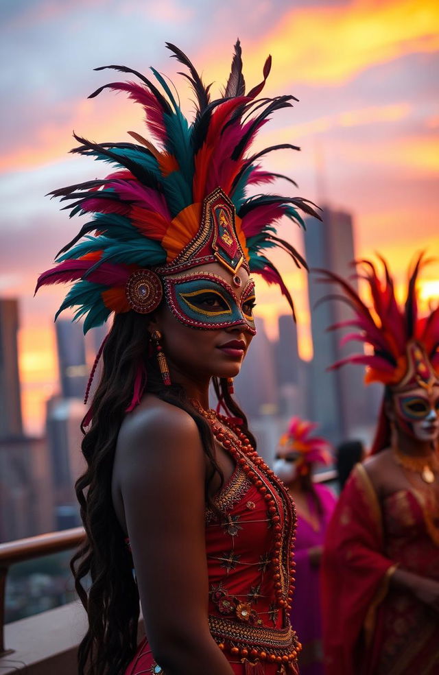 A vibrant masquerade scene featuring Adanma, a beautiful woman wearing an elaborate traditional mask, adorned with colorful feathers and intricate beadwork