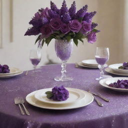 A elegantly set table adorned with an array of purple flowers, and sprinkled with sparkling glitter to create a festive atmosphere.