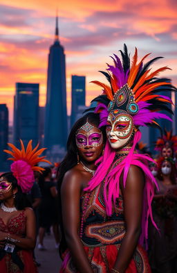 A vibrant masquerade scene featuring Adanma, a beautiful woman wearing an elaborate traditional mask, adorned with colorful feathers and intricate beadwork
