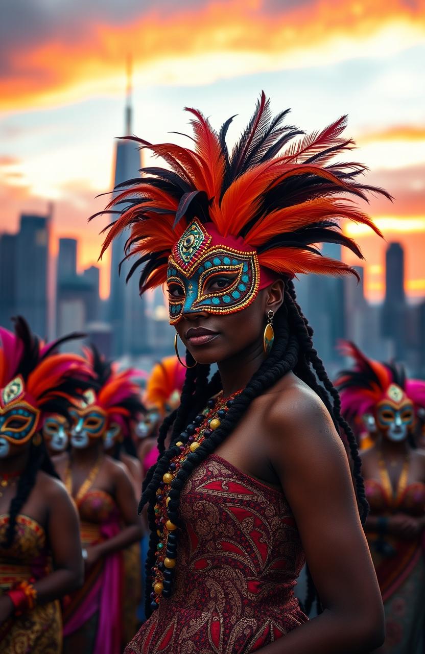 A vibrant masquerade scene featuring Adanma, a beautiful woman wearing an elaborate traditional mask, adorned with colorful feathers and intricate beadwork