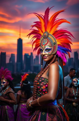 A vibrant masquerade scene featuring Adanma, a beautiful woman wearing an elaborate traditional mask, adorned with colorful feathers and intricate beadwork