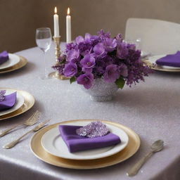 A elegantly set table adorned with an array of purple flowers, and sprinkled with sparkling glitter to create a festive atmosphere.