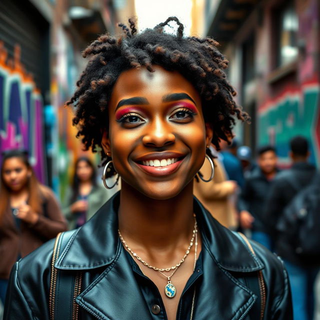 A charming and whimsical scene from a dramedy featuring a black man dressed as a woman, showcasing a flawless face and embodying the youthful essence of a young black woman