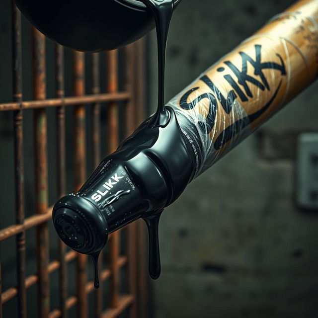 Close-up of a huge black baseball bat wrapped in clear plastic, with thick, shiny black lubricant pouring over the tip from a large container displaying a graffiti logo reading 'SLiKK'