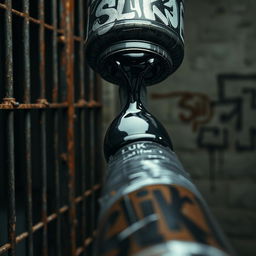 Close-up of a huge black baseball bat wrapped in clear plastic, with thick, shiny black lubricant pouring over the tip from a large container displaying a graffiti logo reading 'SLiKK'