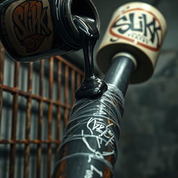 Close-up of a huge black baseball bat wrapped in clear plastic, with thick, shiny black lubricant pouring over the tip from a large container displaying a graffiti logo reading 'SLiKK'