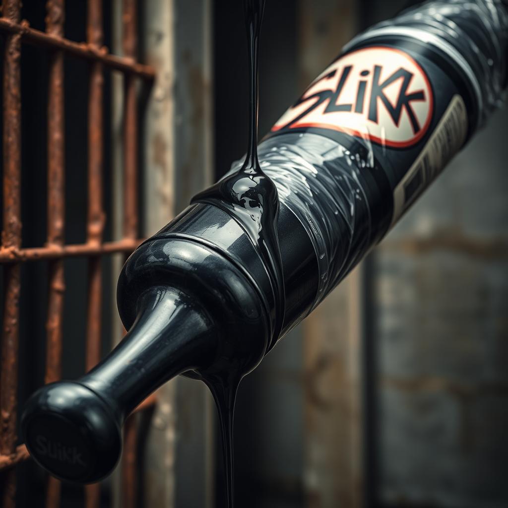 Close-up of a huge black baseball bat wrapped in clear plastic, with thick, shiny black lubricant pouring over the tip from a large container displaying a graffiti logo reading 'SLiKK'