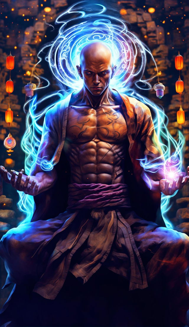 Ultra HD fantasy art portrait of a formidable monk commanding a radiant magic vortex, set against a meticulously detailed ancient temple under theatrical lighting.