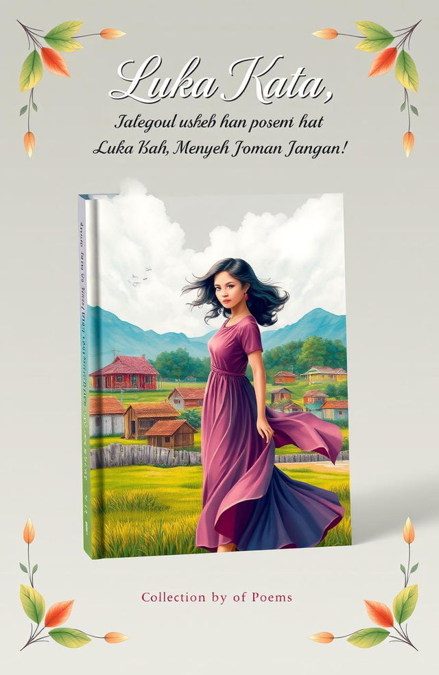 A poetic book cover design for a collection of poems titled 'Luka Kata, Rapuh Boleh Menyerah Jangan'