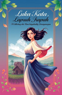 A poetic book cover design for a collection of poems titled 'Luka Kata, Rapuh Boleh Menyerah Jangan'