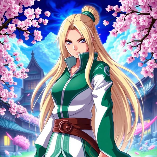 An artistic representation of Tsunade from the Naruto series, featuring her iconic long blonde hair, green and white outfit, and strikingly confident expression