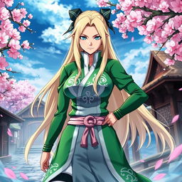 An artistic representation of Tsunade from the Naruto series, featuring her iconic long blonde hair, green and white outfit, and strikingly confident expression