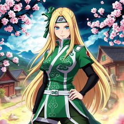 An artistic representation of Tsunade from the Naruto series, featuring her iconic long blonde hair, green and white outfit, and strikingly confident expression