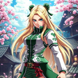 An artistic representation of Tsunade from the Naruto series, featuring her iconic long blonde hair, green and white outfit, and strikingly confident expression