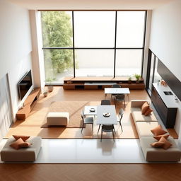 A layout plan for a living room with an integrated kitchen, designed in a spacious area of 7